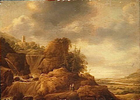 Paysage montagneux avec couple cheminant près d'une cascade