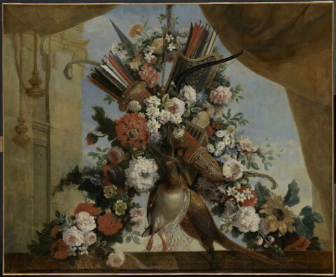 Fleurs, trophée d'armes et gibier