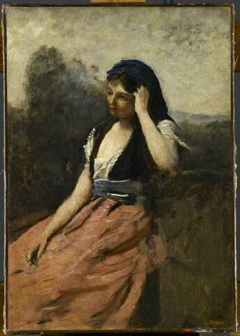 Jeune femme à la jupe rose, dit aussi Jeune femme accoudée sur le bras gauche.