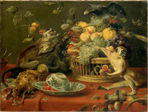 Singes et perroquet  auprès d'une corbeille de fruits, image 3/3