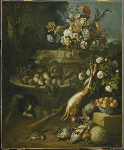 Gibier, fleurs, fruits et un chien.