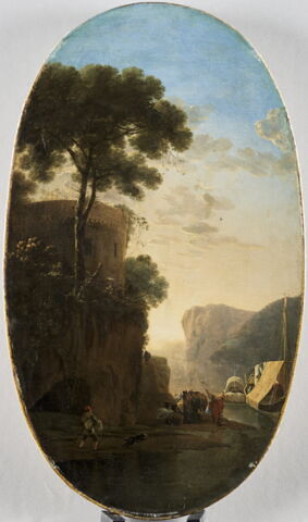 Paysage avec une tour surplombant une rivière