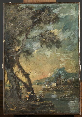 Paysage avec grands arbres au bord d'un lac