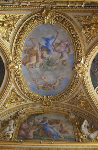Plafond : Salon de la paix : au centre de la voûte: Allégorie du traite des Pyrénées ou La Paix fruit de la Guerre, image 8/11