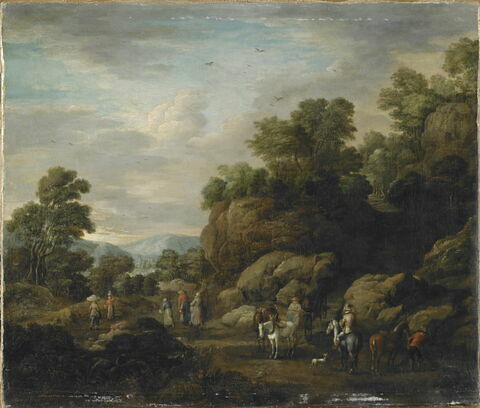 Paysage rocheux, avec chariot, cavalier et passants cheminant