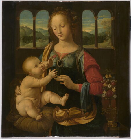 La Vierge et l'Enfant à l'oeillet (d'après Léonard de Vinci) avec, au fond, le motif de la citadelle de Dieu.