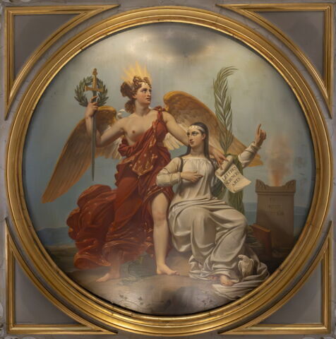 Plafond : La véritable Gloire s'appuie sur la Vertu (au centre). Mars, couronné par la Victoire, écoutant la Modération, arrête ses coursiers et baisse ses javelots (à gauche). Le Temps élève la Vérité vers les marches du trône, la Sagesse l'y reçoit, un génie naissant l'écoute, les armes royales sont à ses pieds (côté droit)