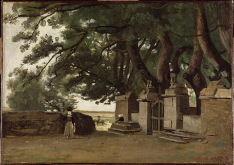 Paysage breton : une grille ombragée par de grands arbres., image 3/3