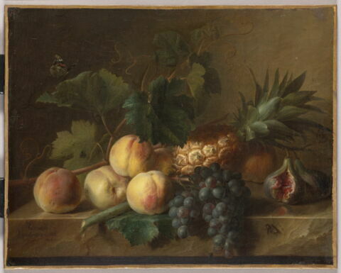 Pêches, raisins et ananas sur une table de pierre
