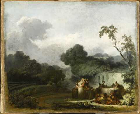 Le Colin-maillard, dit aussi :Récréation après la collation dans un jardin.