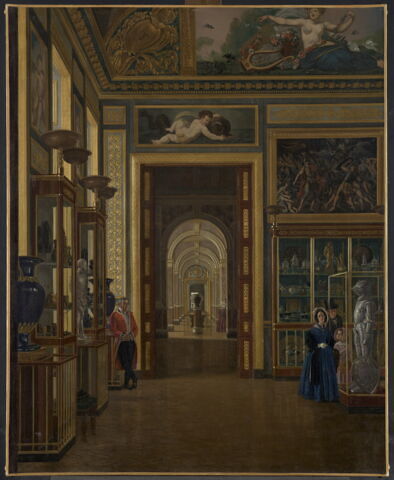 Vue de la salle des bijoux et de l'enfilade des salles du musée Charles X, au Louvre vers 1840