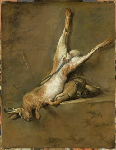 Lièvre mort avec poire à poudre et gibecière.