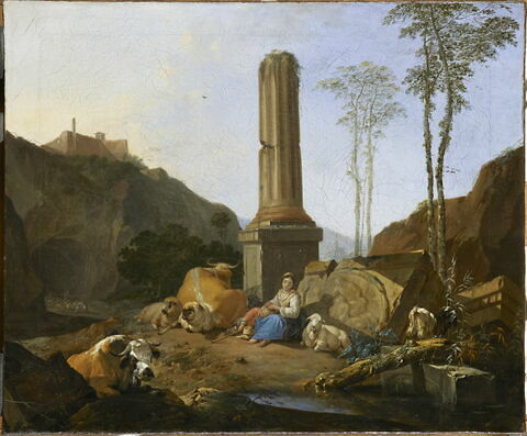 Paysage avec bergère et son troupeau au pied d'une colonne