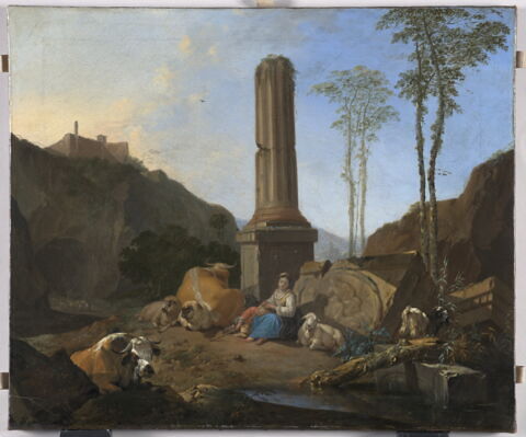 Paysage avec bergère et son troupeau au pied d'une colonne