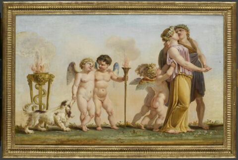 Le Printemps (salon des saisons) couple s'embrassant, amours, chien et feu