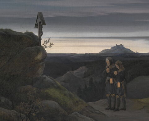 Paysage du Erzgebirge au petit matin, avec deux ouvriers de la mine en prière, avant de descendre dans le puits, image 3/3