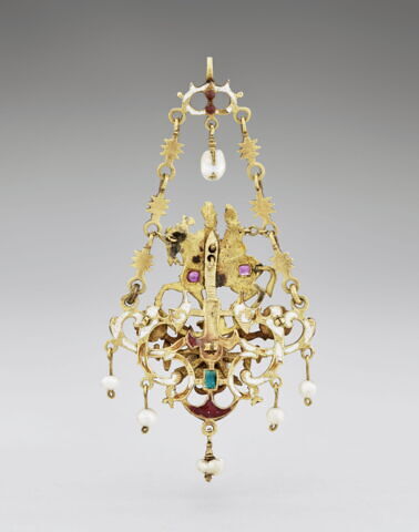 Pendentif en or émaillé : couple sur un cheval, image 2/2