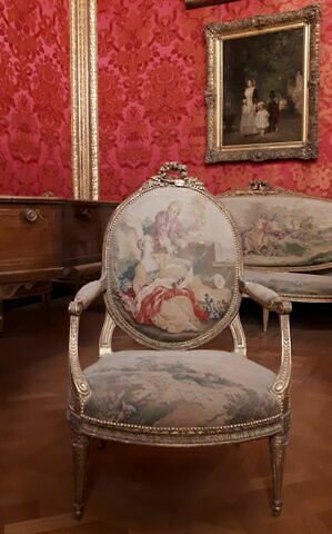 Fauteuil couvert en tapisserie de Beauvais, d'un ensemble de dix (OA 6657 à OA 6666)