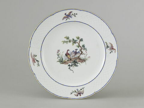 Assiette au marli blanc, à décor d'oiseaux polychromes