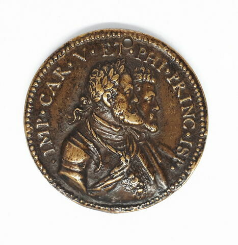 Médaille : Charles Quint et le prince Philippe II / deux colonnes sur des flots entourées du collier de la Toison d'Or