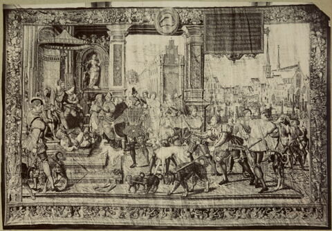 Le mois de février ou Le signe des poissons ou Scène allégorique : L'assemblée au palais du roi Modus et de la reine Raccio foulant aux pieds l'oisiveté et la gourmandise (?), de la tenture dite des Chasses de Maximilien, image 2/2