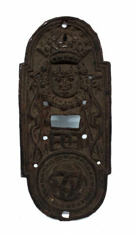 Plaque de verrou : armes de France avec le chiffre et les emblèmes de Henri II