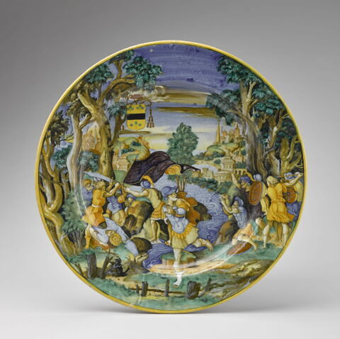 Plat rond aux armoiries du cardinal Duprat (1463-1535) : David et Goliath