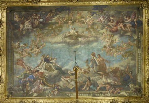 La Gloire et la Vérité couronnant les oeuvres du Génie - Les divers âges du Louvre. 
Composition centrale : Allégorie avec Napoléon III et l'impératrice Eugénie.