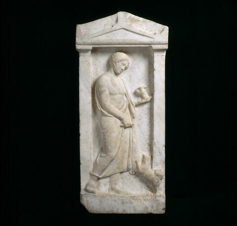 Stèle funéraire, garçon et chien