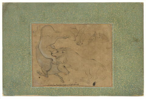 Le lion dévore le boeuf Shanzaba sous l'oeil des deux chacals Kalila et Dimna, image 1/2