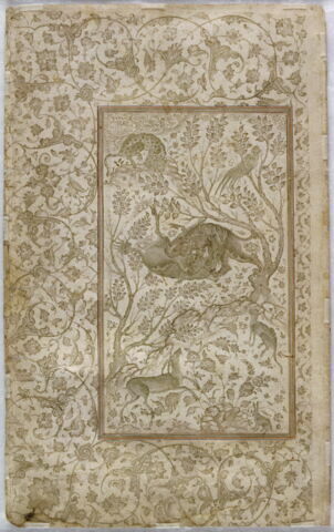 Combat d'un lion et d'un kilin dans un paysage (page d'un 
