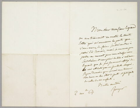 Lettre autographe signée Pierre-Antoine Berryer à Eugène Legrand, 2 novembre 1864