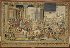 Le mois de février ou Le signe des poissons ou Scène allégorique : L'assemblée au palais du roi Modus et de la reine Raccio foulant aux pieds l'oisiveté et la gourmandise (?), de la tenture dite des Chasses de Maximilien, image 1/2