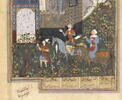 Le roi Khosrow Anushirvan et son vizir devant un palais en ruines, écoutant les doléances des deux oiseaux (page d'un 